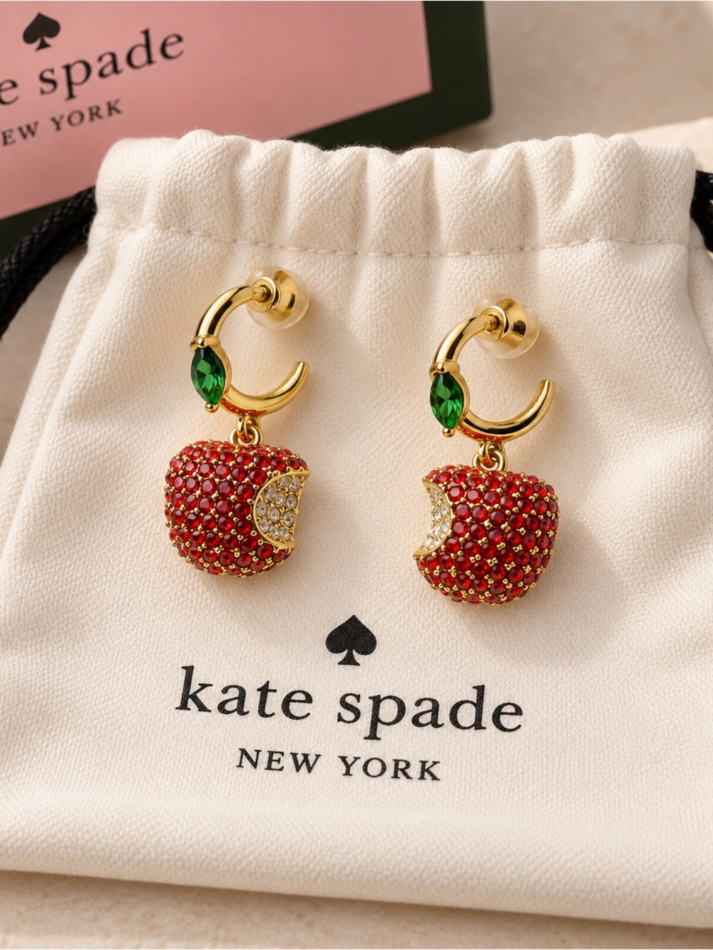 kate spade Gold-Tone Red Crystal Apple Drop Earrings with Green Leaf Accents